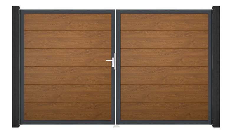 planeo Gardence Simply - Porte PVC DIN gauche 2 vantaux Golden Oak avec cadre alu Anthracite