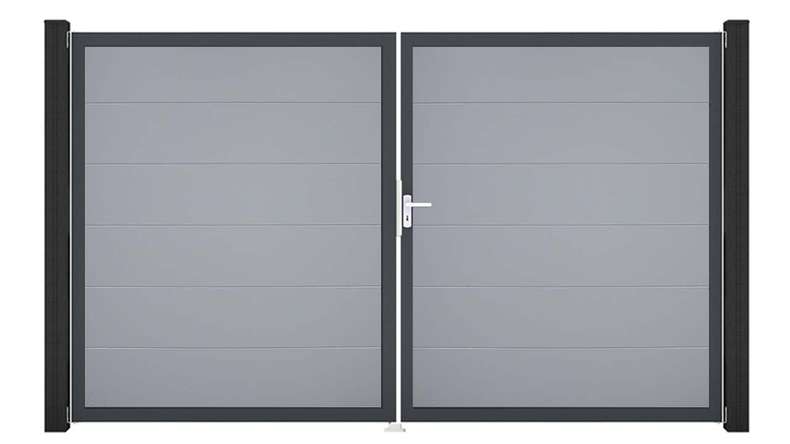 planeo Gardence Simply - Portail en PVC à deux vantaux, gris argenté, avec cadre en aluminium