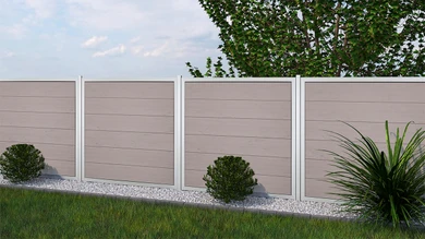 planeo Gardence Guard - Clôture composite Carré Bi-Color Sable avec cadre aluminium argent