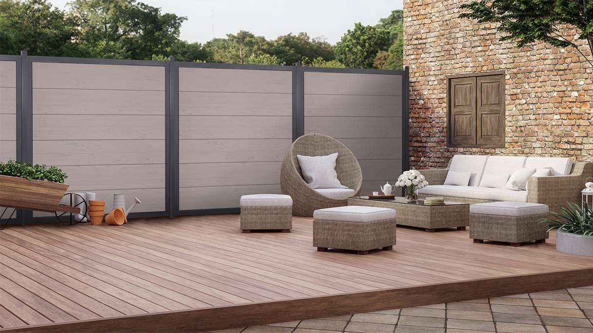 planeo Gardence Guard - Clôture composite Carré Bi-Color Sable avec cadre en aluminium Anthracite