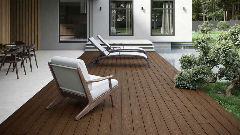 planeo CoEXWood Lame de terrasse WPC massif enrobé - brun clair/brun foncé 3m structuré