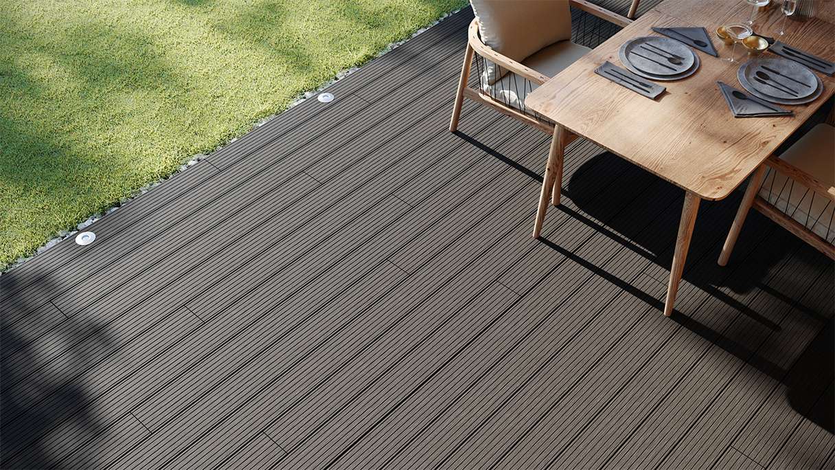 planeo LightWood Kit complet de terrasse WPC à lames creuses - gris foncé rainuré/cannelé