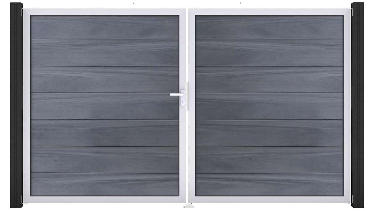 planeo Gardence Strong XL - Portail BPC - 2 vantaux, gris pierre, co-extrudé avec cadre en aluminium