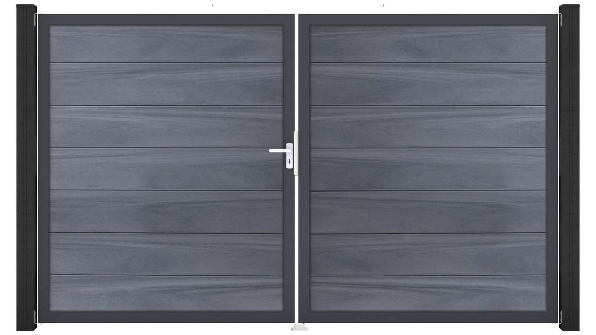 planeo Gardence Strong XL - Portail BPC - 2 vantaux, gris pierre, co-extrudé avec cadre en aluminium