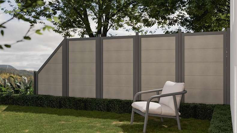 planeo Gardence Guard - Clôture composite Vertical Bi-Color Sable avec cadre aluminium Anthracite