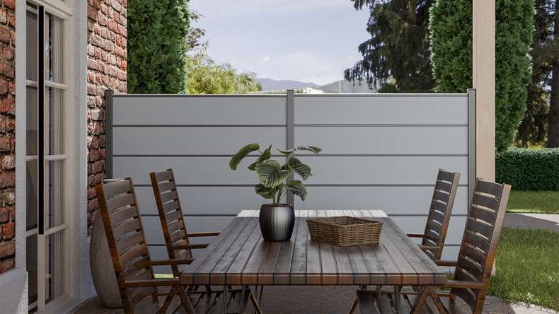planeo Gardence Simply Premium - Clôture à emboîter en PVC gris argenté avec pilastres anthracite 180 x 180 cm