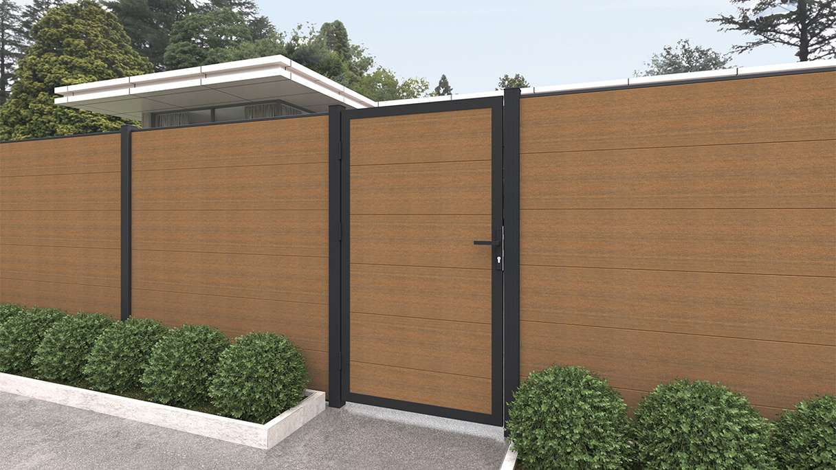planeo INFINITY XL-Board - WPC CoEx Porte universelle Burma Teck avec cadre alu anthracite 100 x 180
