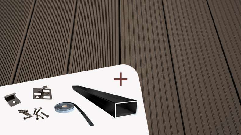 TitanWood Kit complet - 5m lame à âme creuse structure rainurée brun foncé 55,5m² compris UK alu