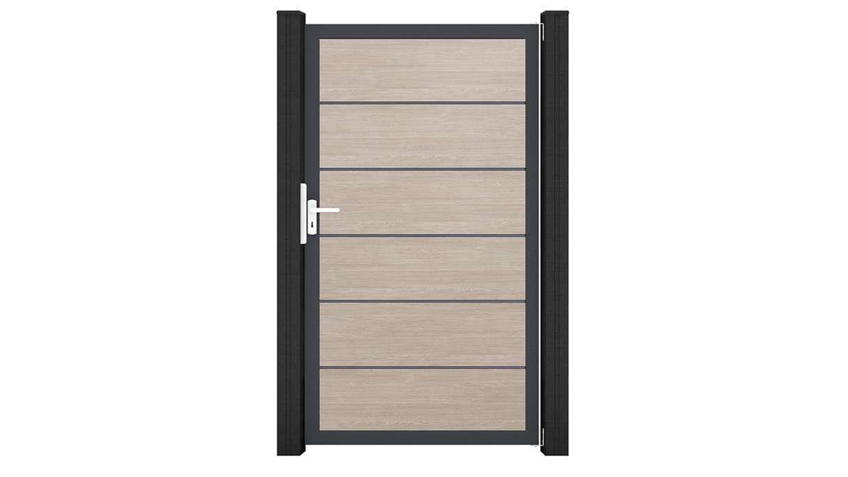 planeo Gardence Simply Premium - Portail universel en PVC « Sheffield Oak » avec cadre en aluminium, 100 x 180 cm 