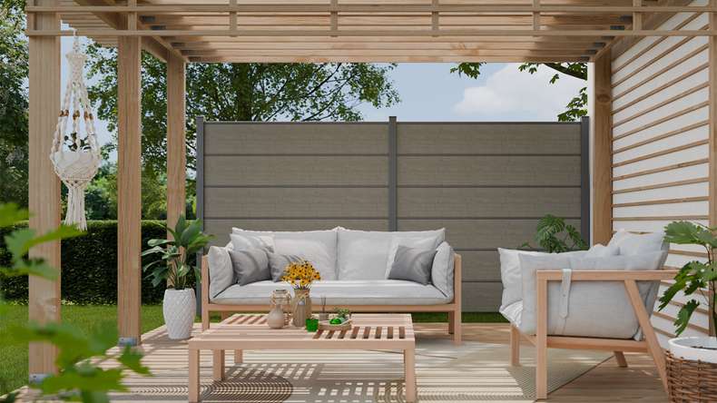 planeo Gardence Simply Premium - Clôture à emboîter en PVC Grey Ash Cut avec pilastres en anthracite 180 x 180 cm