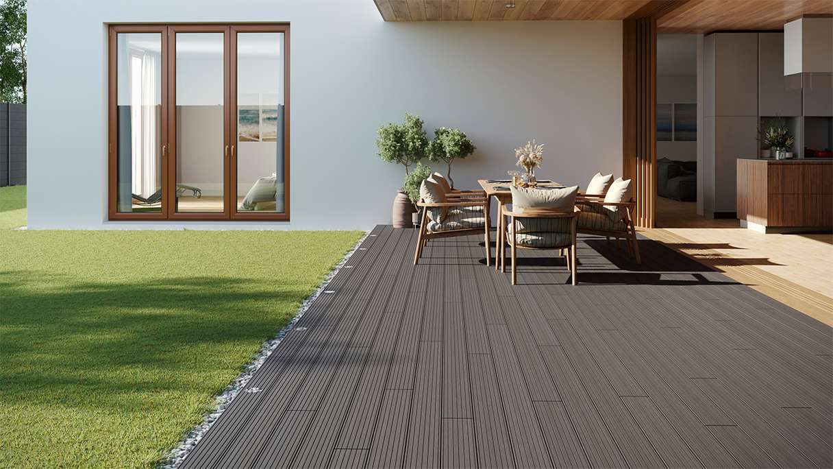 planeo LineWood Lame de terrasse WPC massif - gris clair 3m rainuré/cannelé