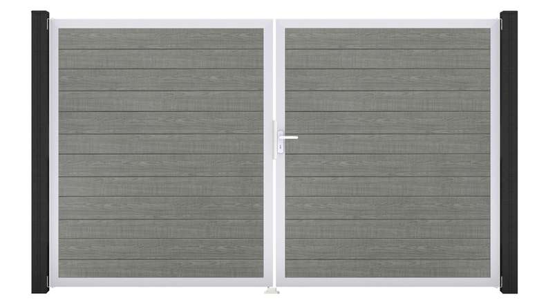 planeo Gardence Simply Small - Porte en PVC - DIN droite 2 vantaux Grey Ash Cut avec cadre en aluminium argenté | EV1 300 x 180 cm