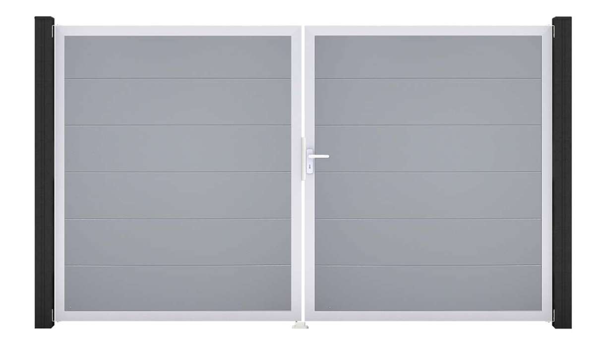 planeo Gardence Simply - Portail en PVC à deux vantaux, gris argenté, avec cadre en aluminium