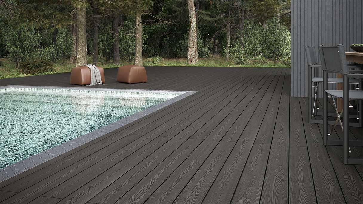 planeo SolidWood Kit complet de terrasse en WPC Planche massive - gris foncé français/structuré