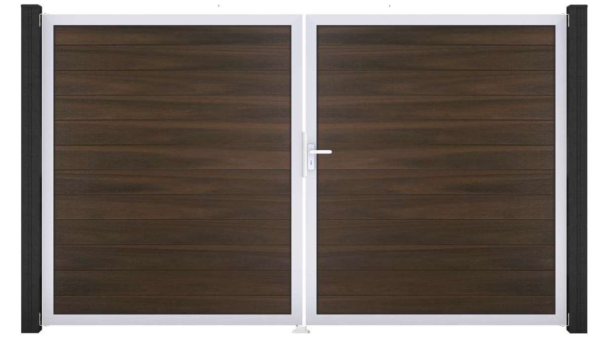 planeo Gardence Strong - Portail BPC - 2 vantaux, finition noyer co-ex avec cadre en aluminium