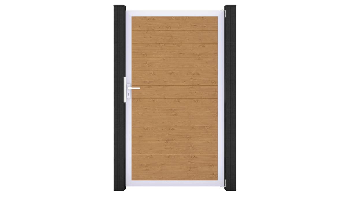planeo Gardence Simply Small - Portail universel en PVC « chêne noueux naturel » avec cadre en aluminium, 100 x 180 cm