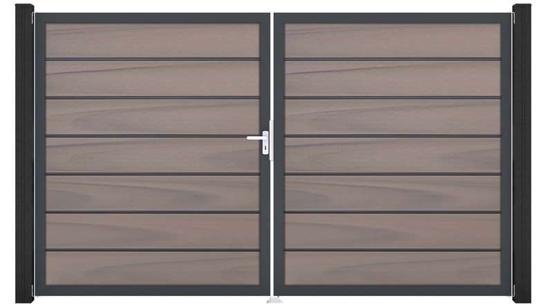 planeo Gardence Deluxe - Portail BPC - À deux vantaux, bicolore, co-extrudé, avec cadre en aluminium 
