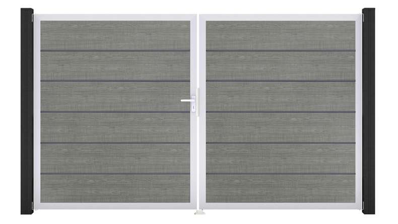 planeo Gardence Simply Premium - Portail en PVC à deux vantaux « Grey Ash Cut » avec cadre en aluminium, 300 x 180 cm