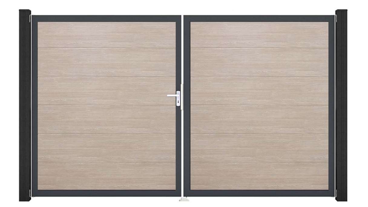 planeo Gardence Simply - Portail en PVC à deux vantaux, modèle Sheffield Oak, avec cadre en aluminium 
