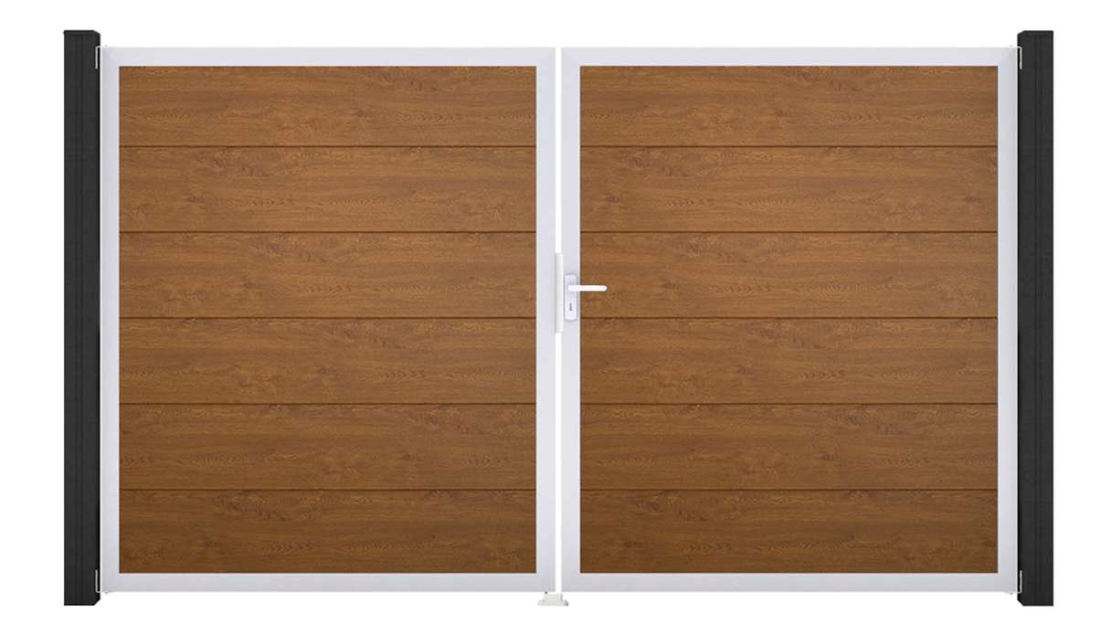 planeo Gardence Simply - Portail en PVC à deux vantaux, couleur Golden Oak, avec cadre en aluminium