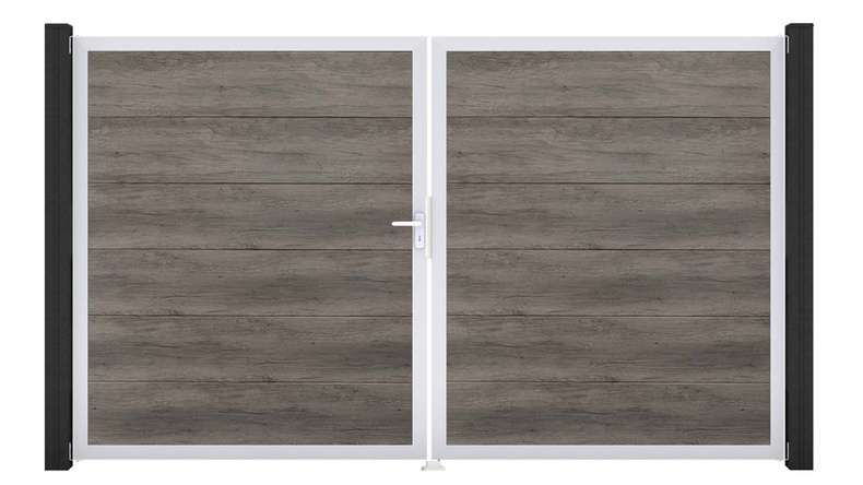 planeo Gardence Simply - Portail en PVC à deux vantaux, coloris Monument Oak, avec cadre en aluminium