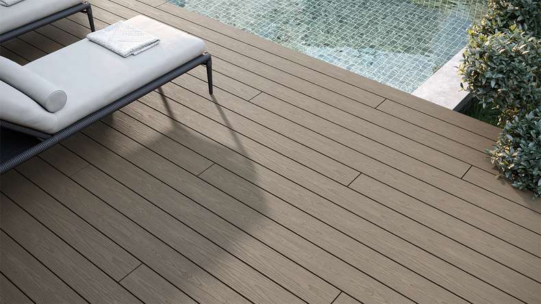 planeo CoEXWood Lame de terrasse WPC massif enrobé - gris/ciment 3m structuré