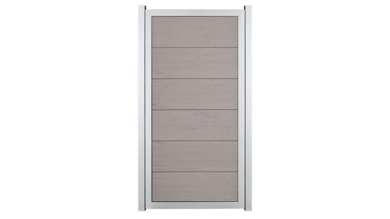 planeo Gardence Guard - Clôture composite Vertical Bi-Color Sable avec cadre aluminium argent