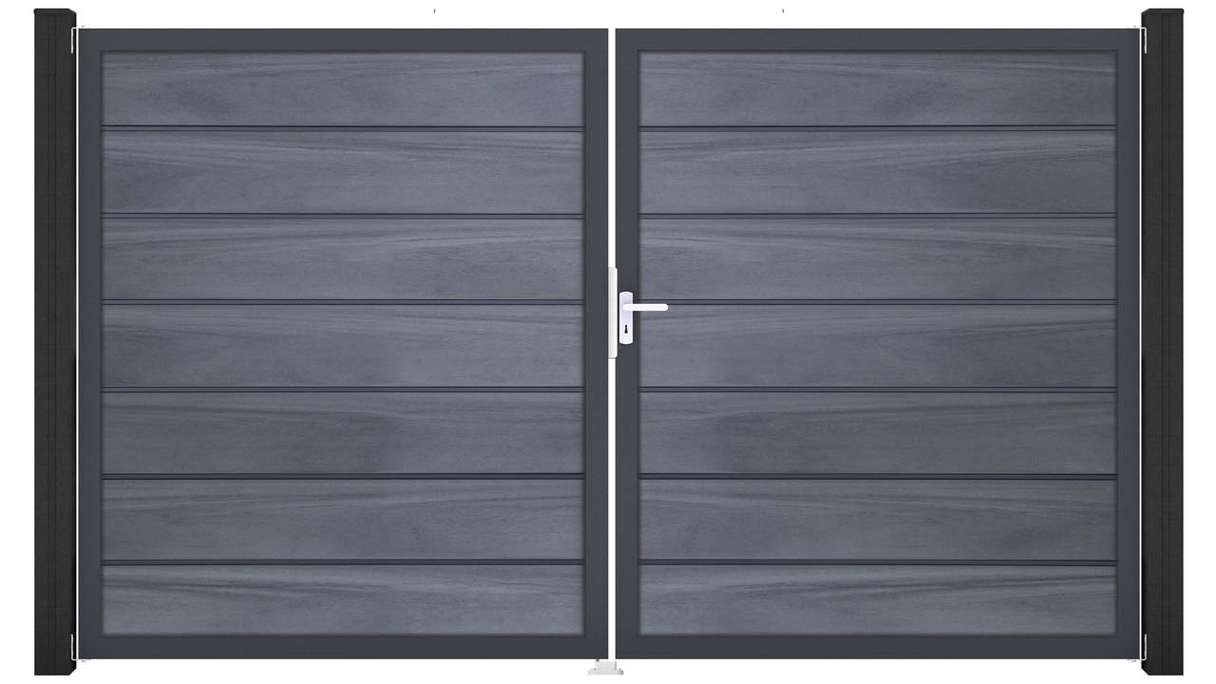 planeo Gardence Deluxe - Portail BPC - À deux vantaux, gris pierre, co-extrudé avec cadre en aluminium
