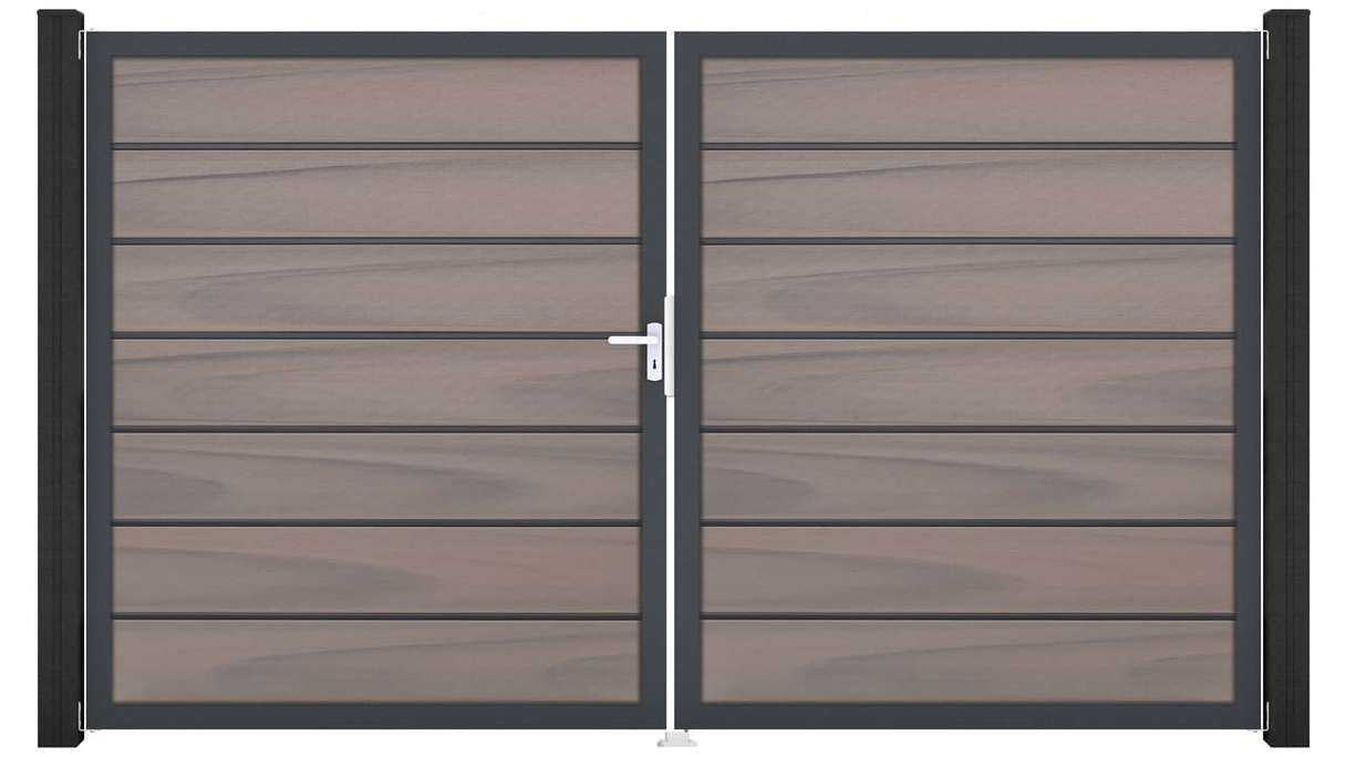 planeo Gardence Deluxe - Portail BPC - À deux vantaux, bicolore, co-extrudé, avec cadre en aluminium