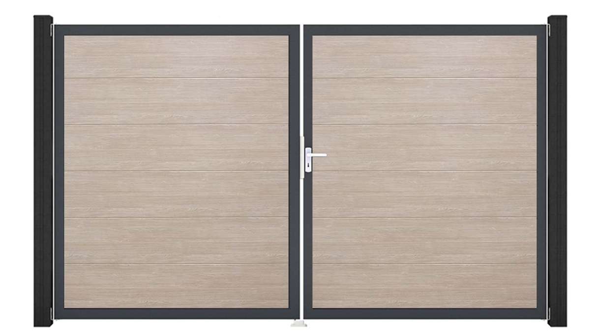 planeo Gardence Simply - Portail en PVC à deux vantaux, modèle Sheffield Oak, avec cadre en aluminium 