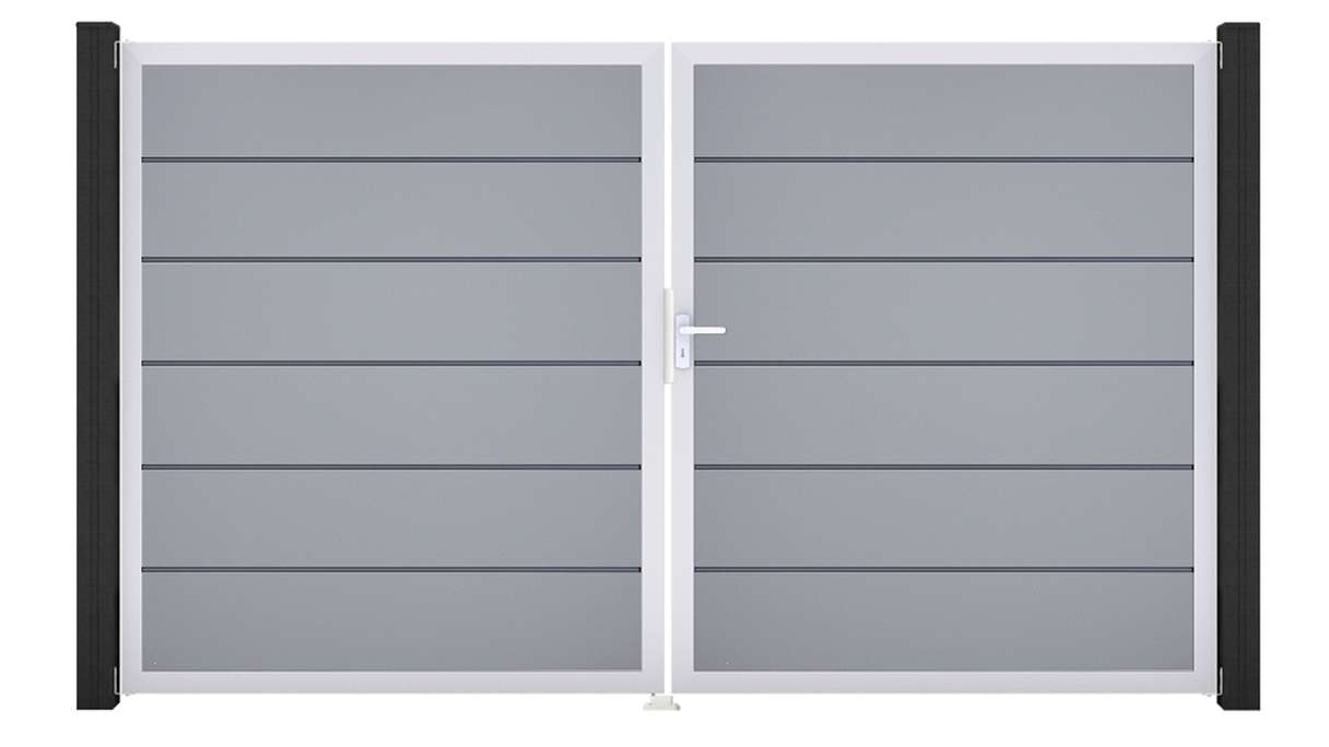 planeo Gardence Simply Premium - Portail en PVC à deux vantaux, gris argenté, avec cadre en aluminium, 300 x 180 cm