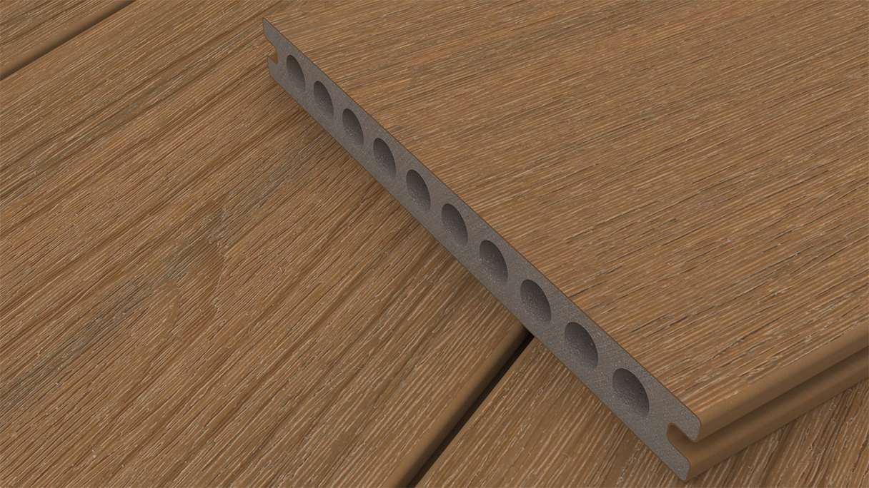 planeo MAXLine Nature - WPC CoEx lame de terrasse XL gainée chambre creuse - Burma Teak 3m structuré/lisse brossé