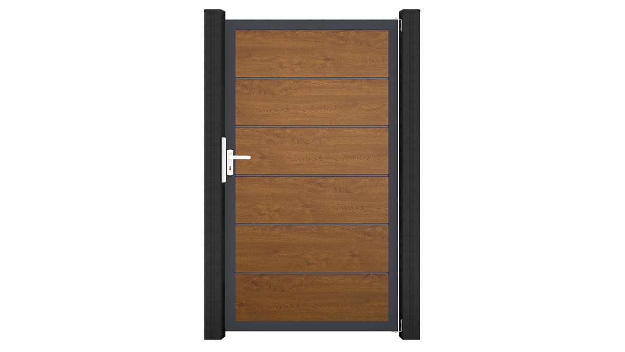 planeo Gardence Simply Premium - Portail universel en PVC « Golden Oak » avec cadre en aluminium, 100 x 180 cm