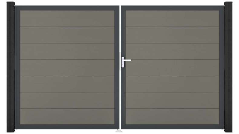 planeo Gardence Strong XL - Portail BPC - À deux battants, gris, avec cadre en aluminium