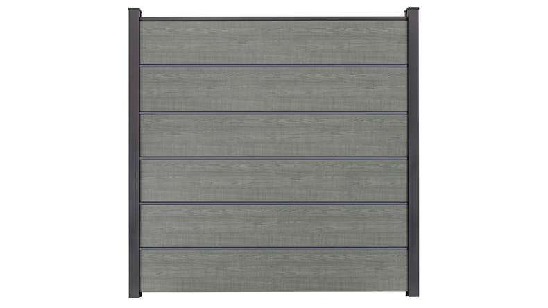planeo Gardence Simply Premium - Clôture à emboîter en PVC Grey Ash Cut avec pilastres en anthracite 180 x 180 cm