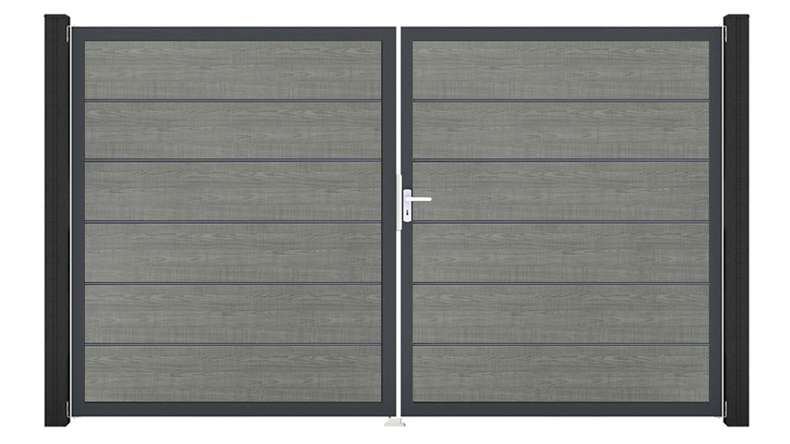planeo Gardence Simply Premium - Portail en PVC à deux vantaux « Grey Ash Cut » avec cadre en aluminium, 300 x 180 cm