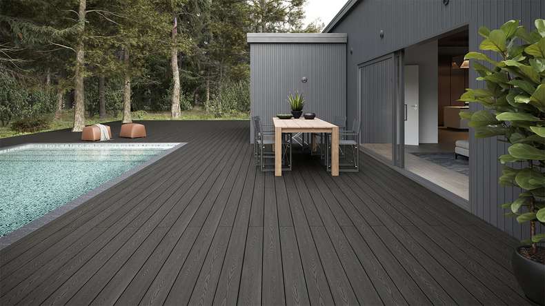 planeo SolidWood Kit complet de terrasse en WPC Planche massive - gris foncé français/structuré