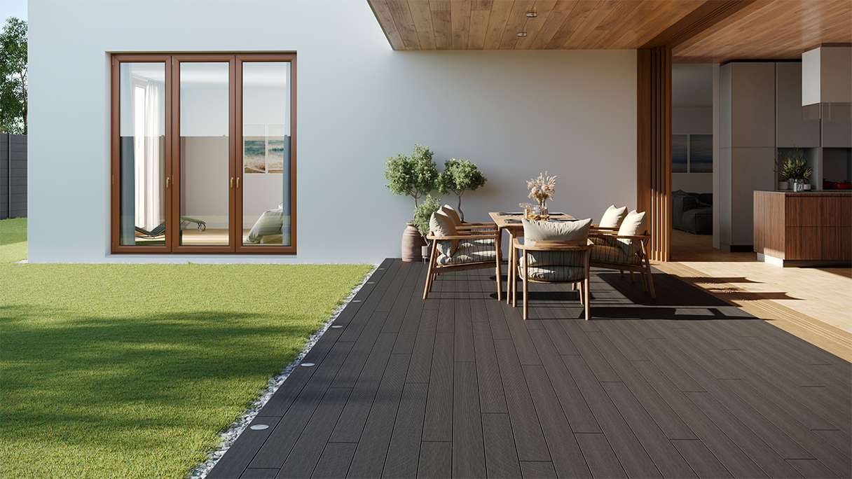 planeo LightWood Kit complet de terrasse WPC à lames creuses - gris foncé rainuré/cannelé