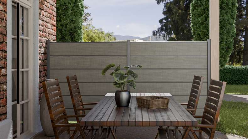 planeo Gardence Simply Premium - Clôture à emboîter en PVC Grey Ash Cut avec pilastres en anthracite 180 x 180 cm