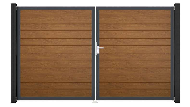 planeo Gardence Simply Small - Porte PVC - DIN droite 2 vantaux Golden Oak avec cadre alu anthracite | DB703 300 x 180 cm