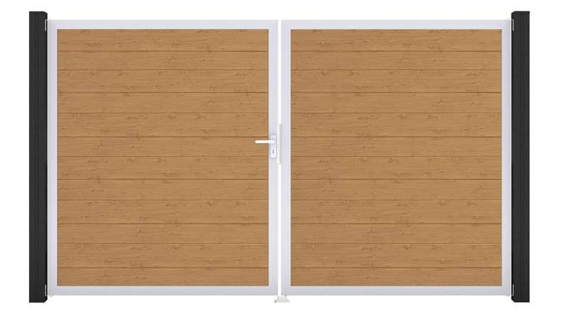 planeo Gardence Simply Small - Portail en PVC à deux battants, finition chêne naturel, avec cadre en aluminium, 300 x 180 cm