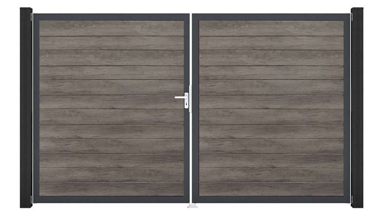 planeo Gardence Simply Small - Portail en PVC à deux vantaux, couleur Monument Oak, avec cadre en aluminium, 300 x 180 cm