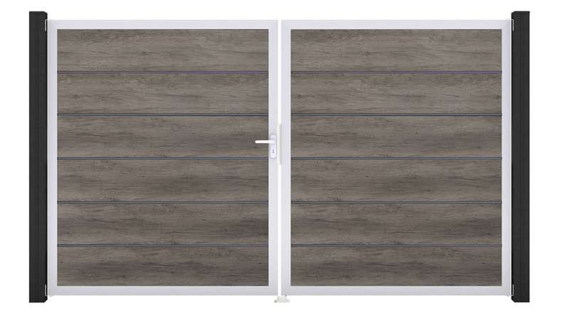 planeo Gardence Simply Premium - Porte PVC - DIN gauche 2 vantaux Monument Oak avec cadre aluminium argent | EV1 300 x 180 cm