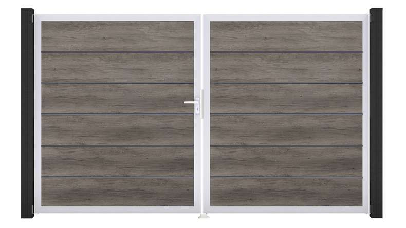 planeo Gardence Simply Premium - Portail en PVC à deux vantaux, couleur Monument Oak, avec cadre en aluminium, 300 x 180 cm