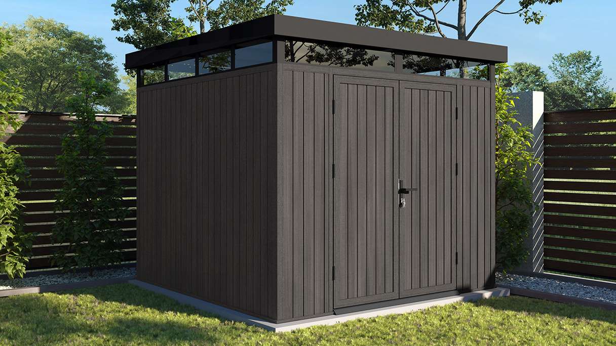 Abri de jardin planeo WPC CoEx à toit plat, modèle M - Gris foncé, 250 x 250 x 226,5 cm