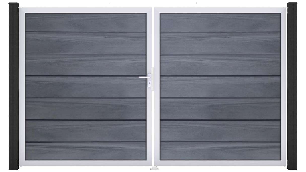 planeo Gardence Deluxe - Portail BPC - À deux vantaux, gris pierre, co-extrudé avec cadre en aluminium