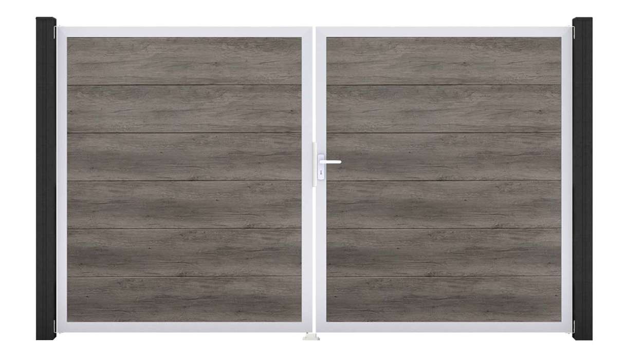 planeo Gardence Simply - Portail en PVC à deux vantaux, coloris Monument Oak, avec cadre en aluminium