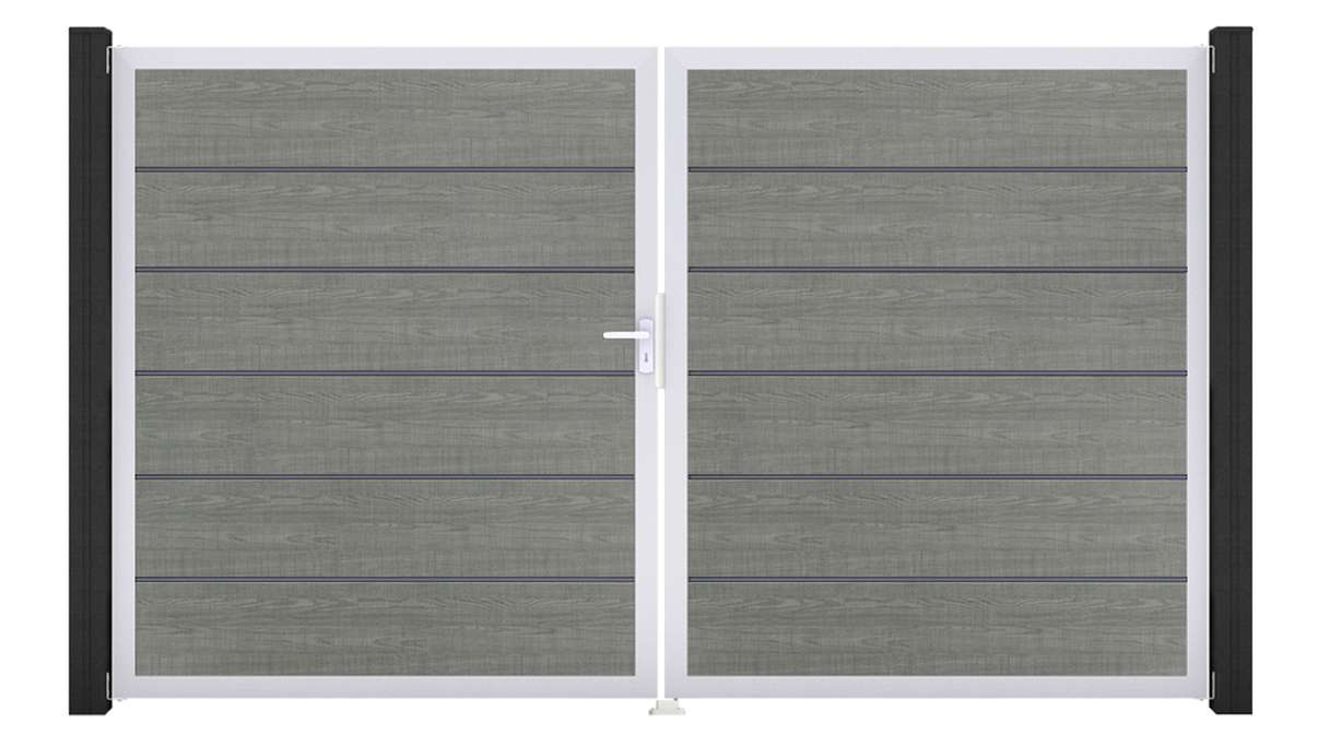 planeo Gardence Simply Premium - Portail en PVC à deux vantaux « Grey Ash Cut » avec cadre en aluminium, 300 x 180 cm