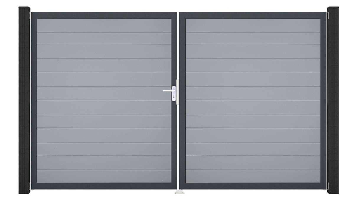 planeo Gardence Simply Small - Portail en PVC à deux vantaux, gris argenté, avec cadre en aluminium, 300 x 180 cm