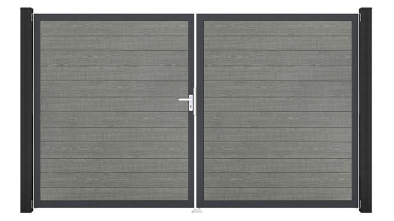 planeo Gardence Simply Small - Portail en PVC à deux vantaux « Grey Ash Cut » avec cadre en aluminium, 300 x 180 cm